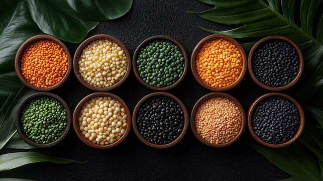 Assorted pulses in ceramic bowls flat lay over natural backdrop showing healthy food diversity for world pulses day