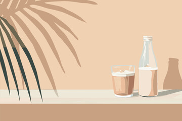 Minimalist vector illustration of a glass and bottle of iced coffee with milk on a beige background and palm leaf shadow. Calm, cozy tropical summer vibe with simple, elegant design.