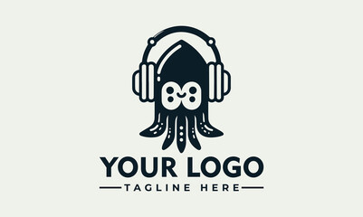 A stylized squid wearing headphones, rocket fin detail, logo design.