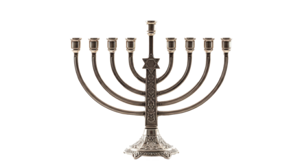 A silver hanukkah menorah with nine branches and a star of david on a black background isolated on transparent background