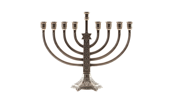 A silver hanukkah menorah with nine branches and a star of david on a black background isolated on transparent background