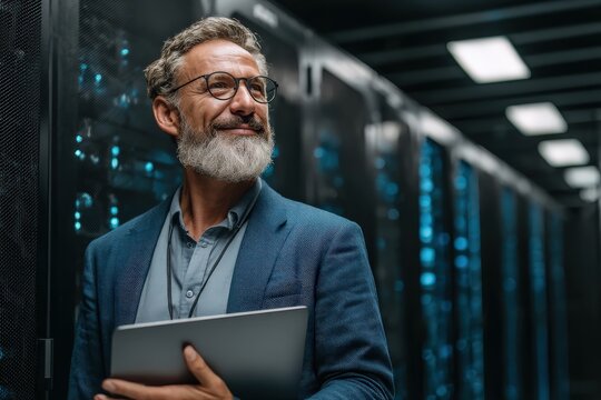 A smiling man with glasses stands in a server room, holding a laptop, surrounded by glowing technology, exuding confidence and expertise.