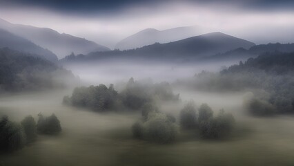 Misty morning landscape with fog over the mountains and forest under a blue sky at dawn