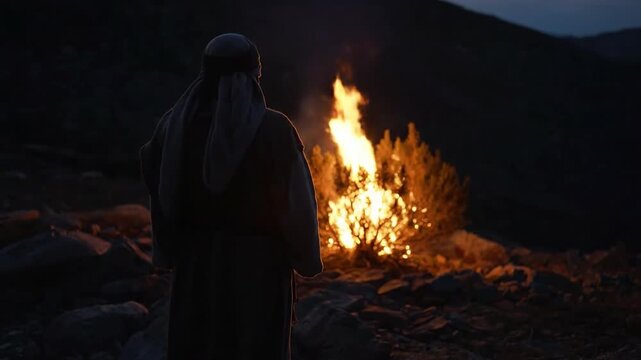 Moses in the book of Exodus standing at the burning bush at night. 