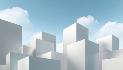 Abstract city of white cubes against a light blue sky with clouds