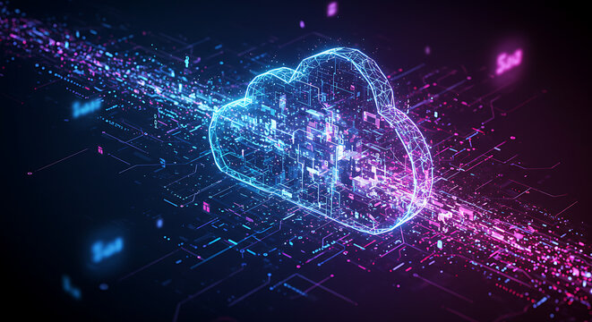 Abstract glowing heart shape formed from digital particles and light trails - Powered by Adobe