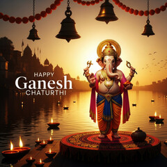 Ganesha statue on water with bells and lamps Hinduism