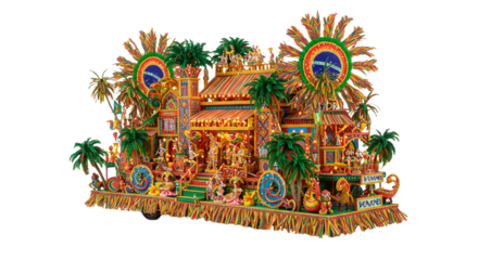 A vibrant carnival float featuring brazilian flags, palm trees, and festive decorations on a black background on transparent background