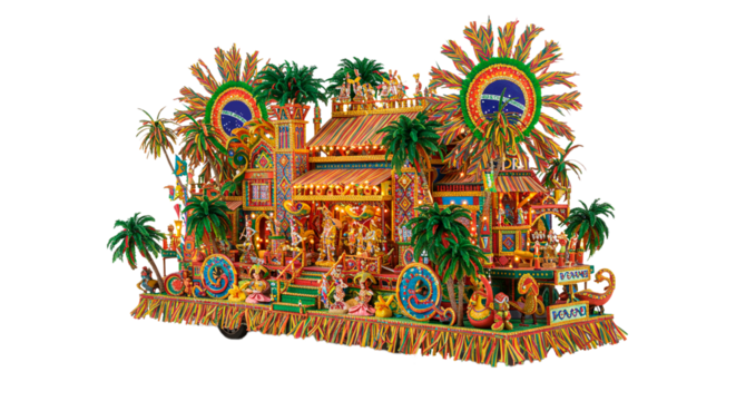 A vibrant carnival float featuring brazilian flags, palm trees, and festive decorations on a black background on transparent background