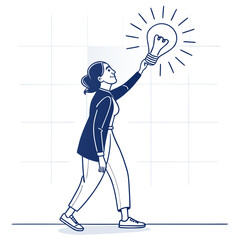 Woman holding a glowing light bulb symbolizing a brilliant idea or innovation while walking forward