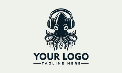 Cartoon octopus wearing headphones, depicted in a stylized, monochrome illustration. © nuaari