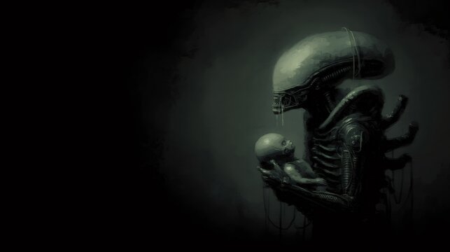 Creature holding an alien baby in its arms. Extraterrestrial technology concept. Artificial intelligence and scary horror movie.