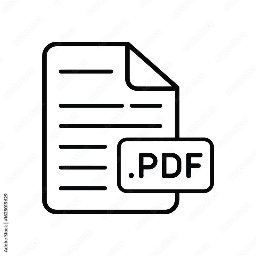 Poster simple black and white outline icon representing a pdf document with text