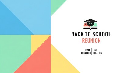 Back to school reunion invitation with colorful geometric shapes and graduation cap icon design