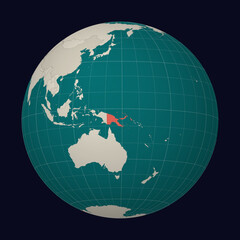Papua New Guinea on the map. Globe centered to Papua New Guinea. Country location on the world map. Teal Pale Mint color palette. Globe with countries, meridians and parallels.