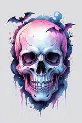Fototapeta premium Vibrant skull illustration with bats and abstract background in a spooky, artistic style