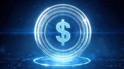 The concept of a central bank digital currency. A glowing digital dollar symbol set against a dark background, representing modern finance and cryptocurrency technology.