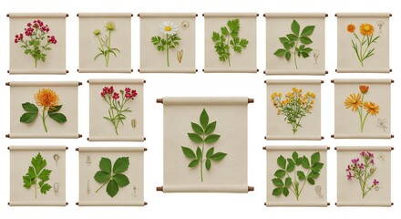 Botanical illustrations on scrolls