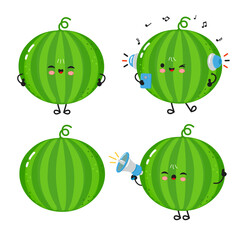 Adorable cartoon watermelons enjoying music and communication on a white background.