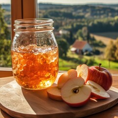 Delicious apple jam and fresh apple slices on wooden table. Nature view in the background