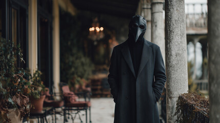 Lonely man in elegant crow mask on autumn terrace