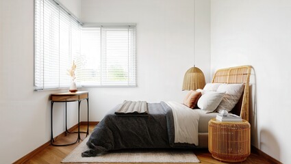 Calm minimalist bedroom with rattan furniture and soft textiles in natural light