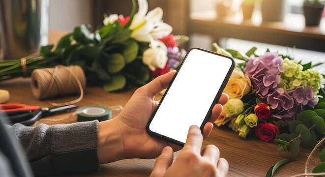 Florist using smartphone app for online flower shop business floral arrangement mockup design website mobile technology ecommerce flowers roses tulips hydrangeas lilies