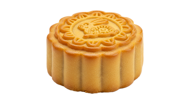 Close up of a mooncake with a rabbit design on top against a plain black background in a studio shot on transparent background