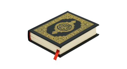 A close up shot of a quran with a red bookmark on a black background with golden embellishments on transparent background
