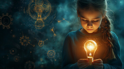 Girl with glowing light bulb and floating scientific icons top view concept of education stem creativity and innovation for science day awareness