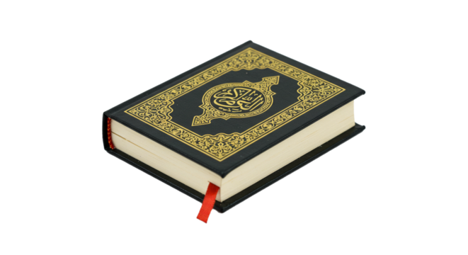 A close up shot of a quran with a red bookmark on a black background with golden embellishments on transparent background