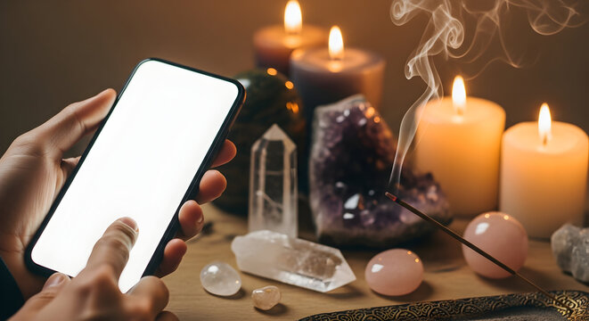 Mystic Smartphone App Spiritual Guidance Healing Crystals Candles Meditation Mobile Phone Screen Mockup