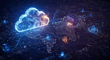 Glowing neon cloud symbol floating in a digital network of circuits and data