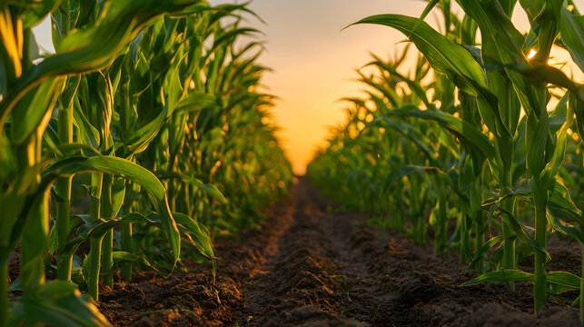 Fototapeta Golden Hour in a Lush Cornfield Rows of vibrant green maize stalks bathed in the warm glow of a setting sun, creating a breathtaking agricultural scene.