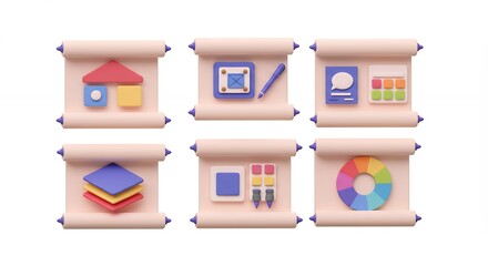 Colorful decorative scrolls with graphic icons