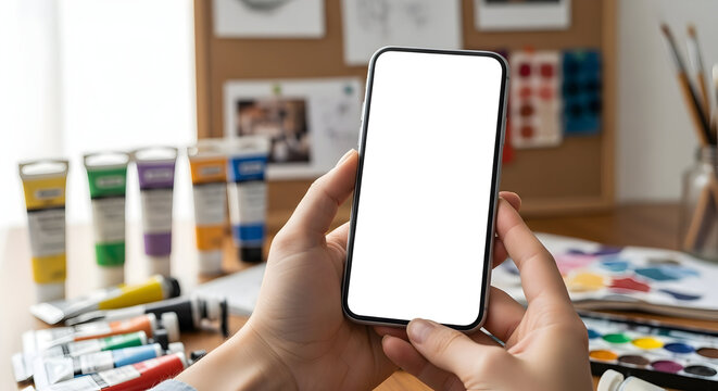 Blank screen smartphone mockup in artist hands art supplies background creative mobile app design template