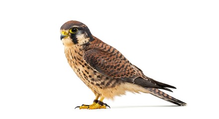 Obraz premium A brownfeathered falcon stands on its yellow feet on a white background
