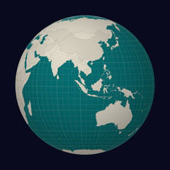 Republic of Singapore on the map. Globe centered to Singapore. Country location on the world map. Teal Pale Mint color palette. Globe with countries, meridians and parallels.