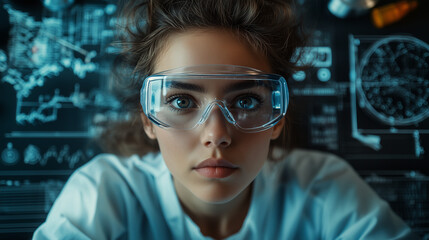 Top view of female scientist analyzing data and charts with digital lab tools wearing safety goggles working on scientific technology and innovation workspace for women in science and research day