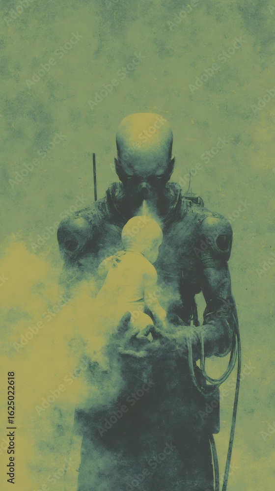 Poster abstract art of a robot, an android and a baby. future of humanity and artificial intelligence in sc