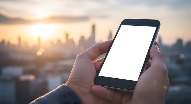 Blank Smartphone Screen in Hands Cityscape Sunset Background Mockup Mobile App Technology