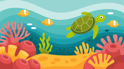 Colorful Vector SVG Illustration of Marine Life with Turtle and Fish in Flat Design Style
