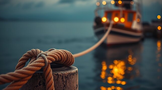 A rope tied to a bollard boat in the background lights reflecting on the water
