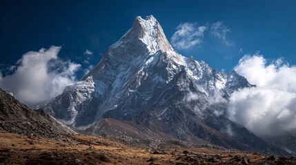 Majesty of Machapuchare: A Glimpse of Nepal's Sacred Mountain Under Blue Skies
