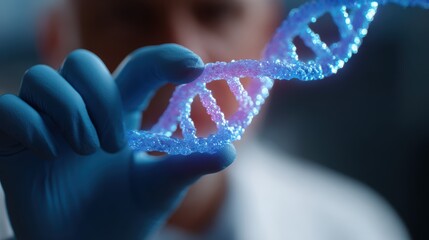 Close-up of a scientist is hand holding a glowing DNA helix model in a modern laboratory, genetic research. Biotechnology, discovery. Clean, vibrant.