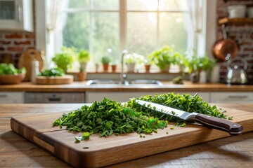 Sunlit kitchen with chopped fresh herbs on wooden cutting board