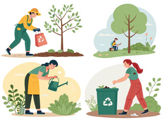 Fototapeta premium A vector illustration shows a man and woman with their child and dog planting a tree in their summer garden