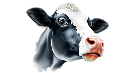 Black and white cow head portrait with a pink nose set on a white background