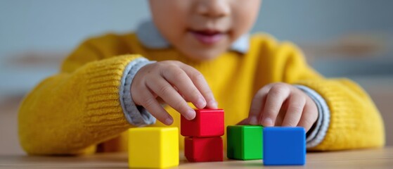 Child happily playing with educational blocks, early childhood development. Playful learning, foundational. Colorful.