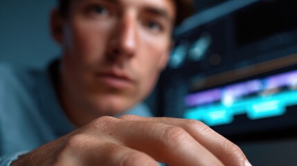 Video editor working on a timeline with multiple clips, post-production. Creativity, storytelling. Dark studio.